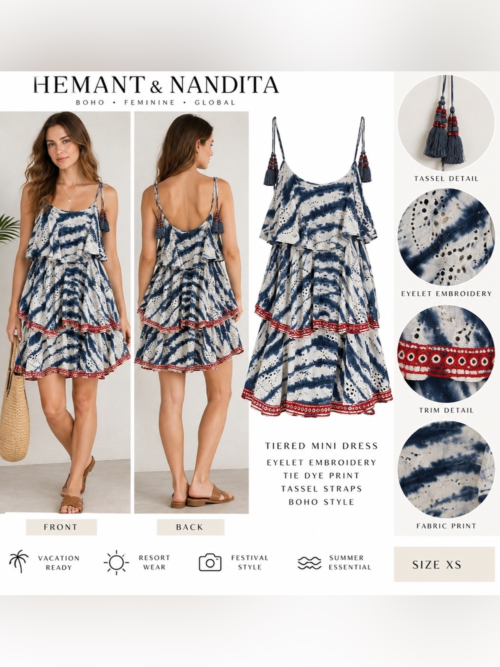 Hemant & Nandita XS Tie Dye Eyelet Tiered Ruffle Mini Dress Blue White Red